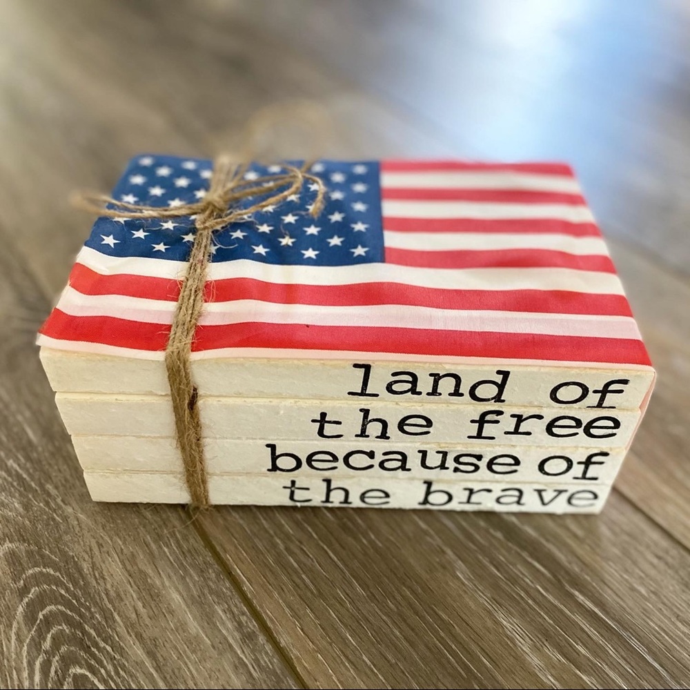 Patriotic Farmhouse hand-stamped bookstack home decor